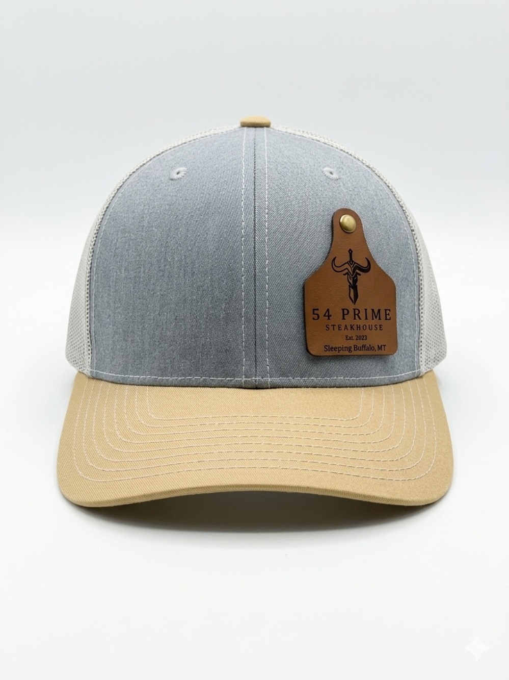 Richardson 112 Trucker Hat 54 Prime Steakhouse Sleeping Buffalo MT Gray Tan